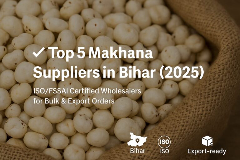 Bulk white makhana in jute sack with text overlay - Top 5 Makhana Suppliers in Bihar 2025, ISO/FSSAI certified, export-ready